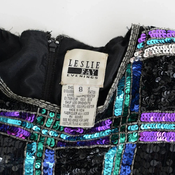 Leslie Fay Black w Purple Teal Sequin Evenings Short Sleeve Shift  Midi Dress 8 - Picture 13 of 13